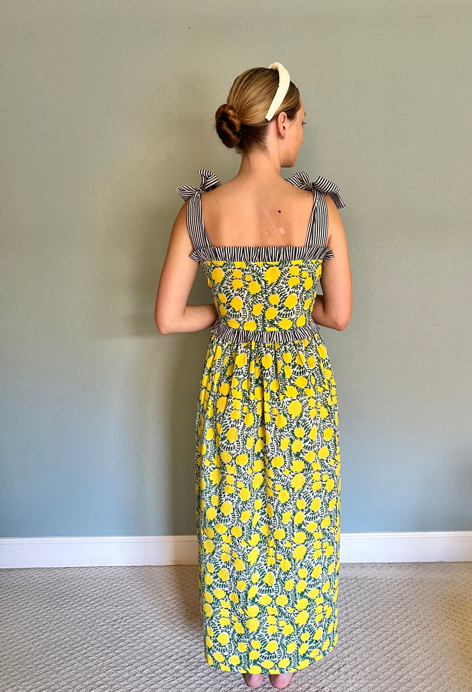 Lemon print bow strap maxi dress