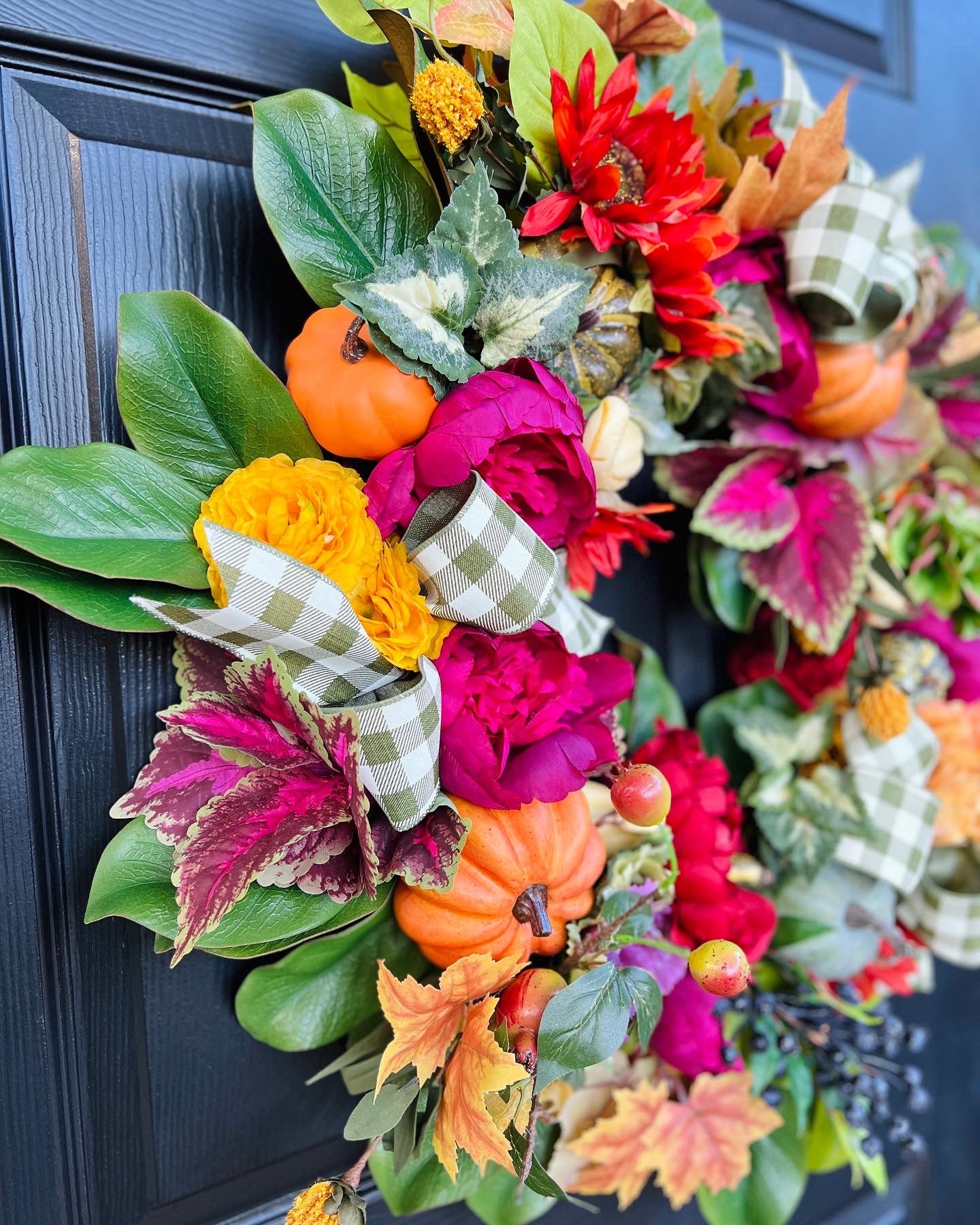 Fall floral and pumpkin wreath, bright colors with optional gingham ribbon, 3 sizes available