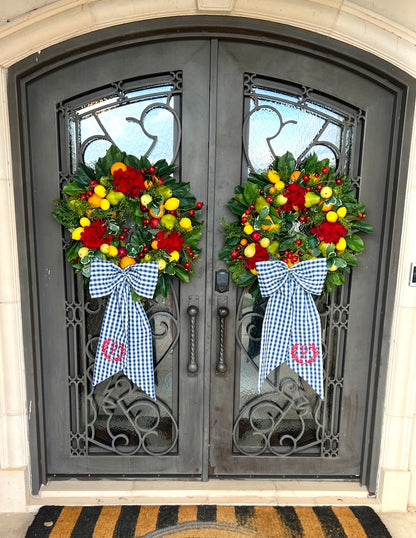 Outdoor Royal gingham check wreath sash, two sizes