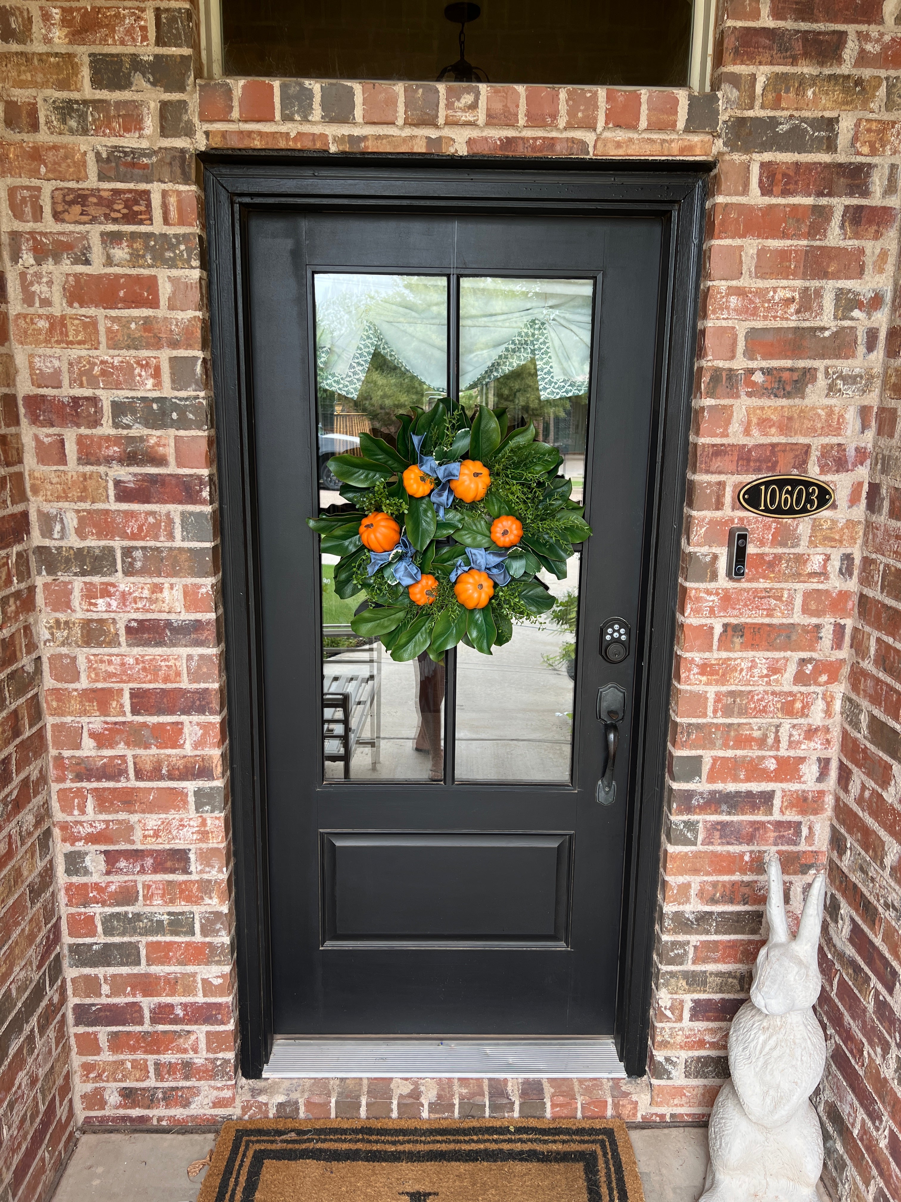 Fall orange pumpkin and magnolia wreath with optional French blue ribbons