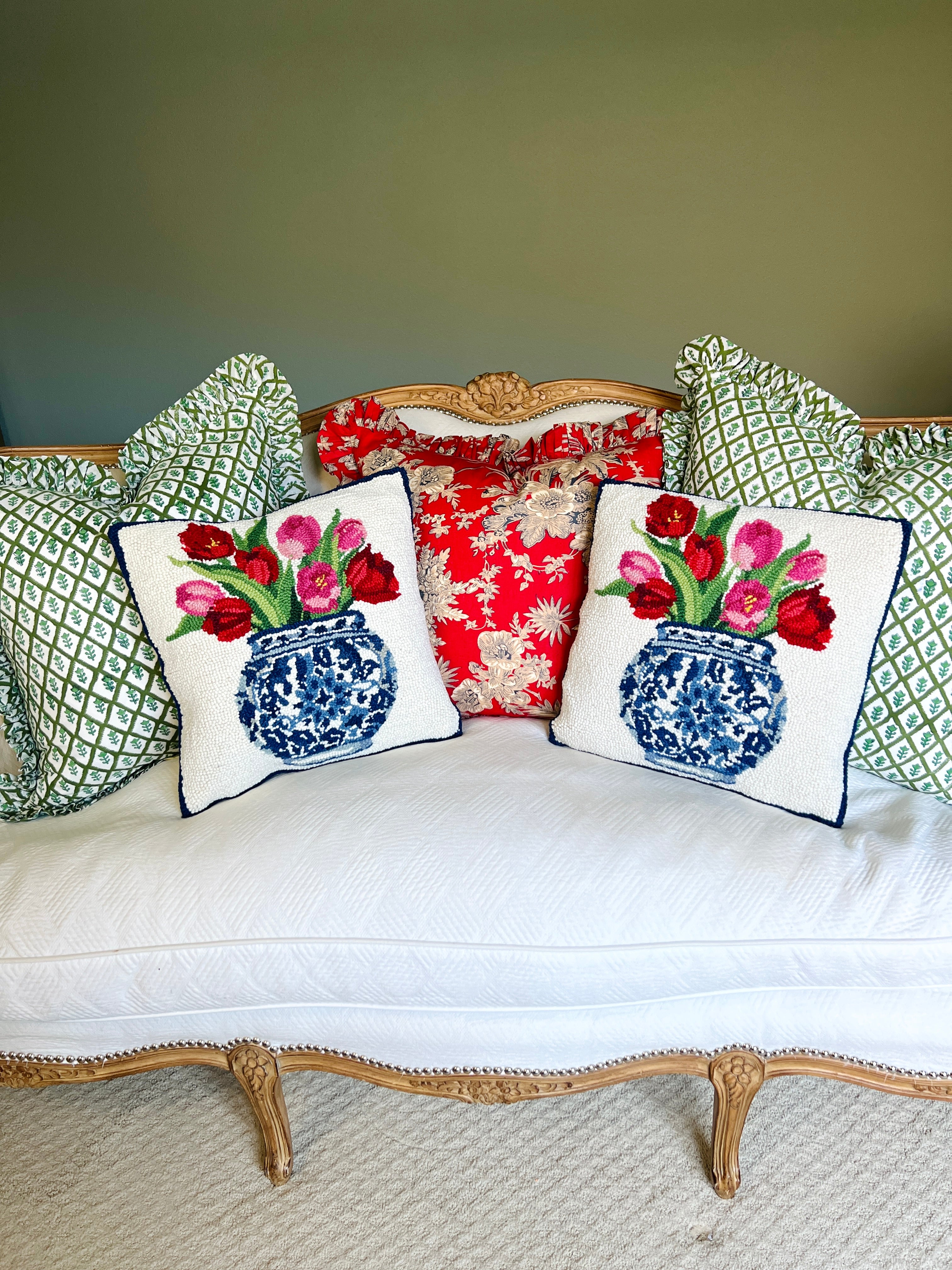 Hand hooked wool tulips in chinoiserie pillow
