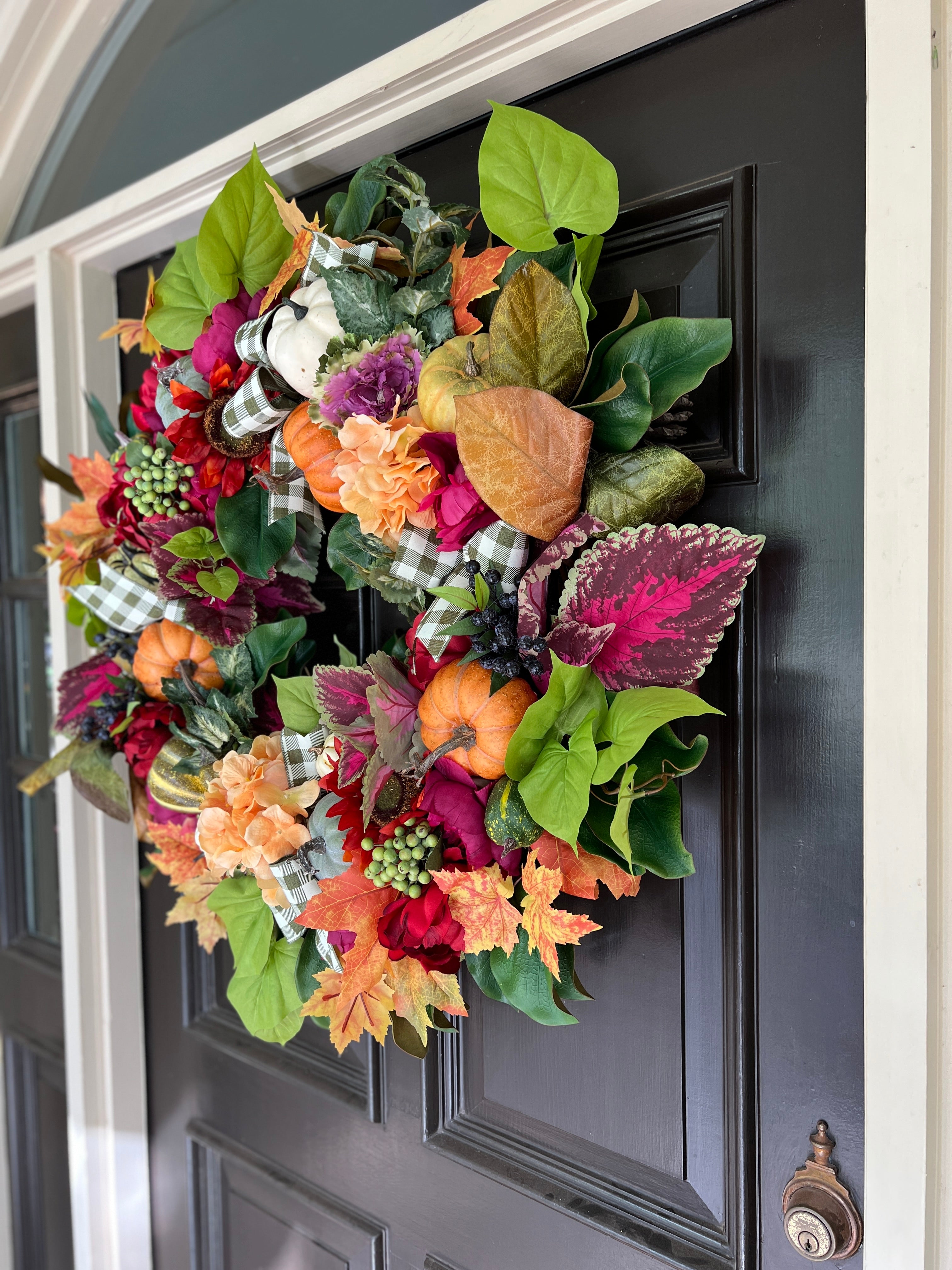 Fall floral and pumpkin wreath, bright colors with optional gingham ribbon, 3 sizes available