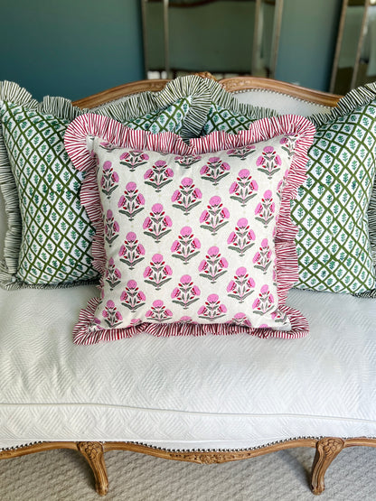 Pink and red floral block print ruffle pillow