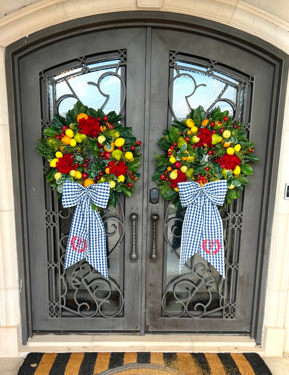 Red hydrangea, fruit, and blue gingham French Country wreath