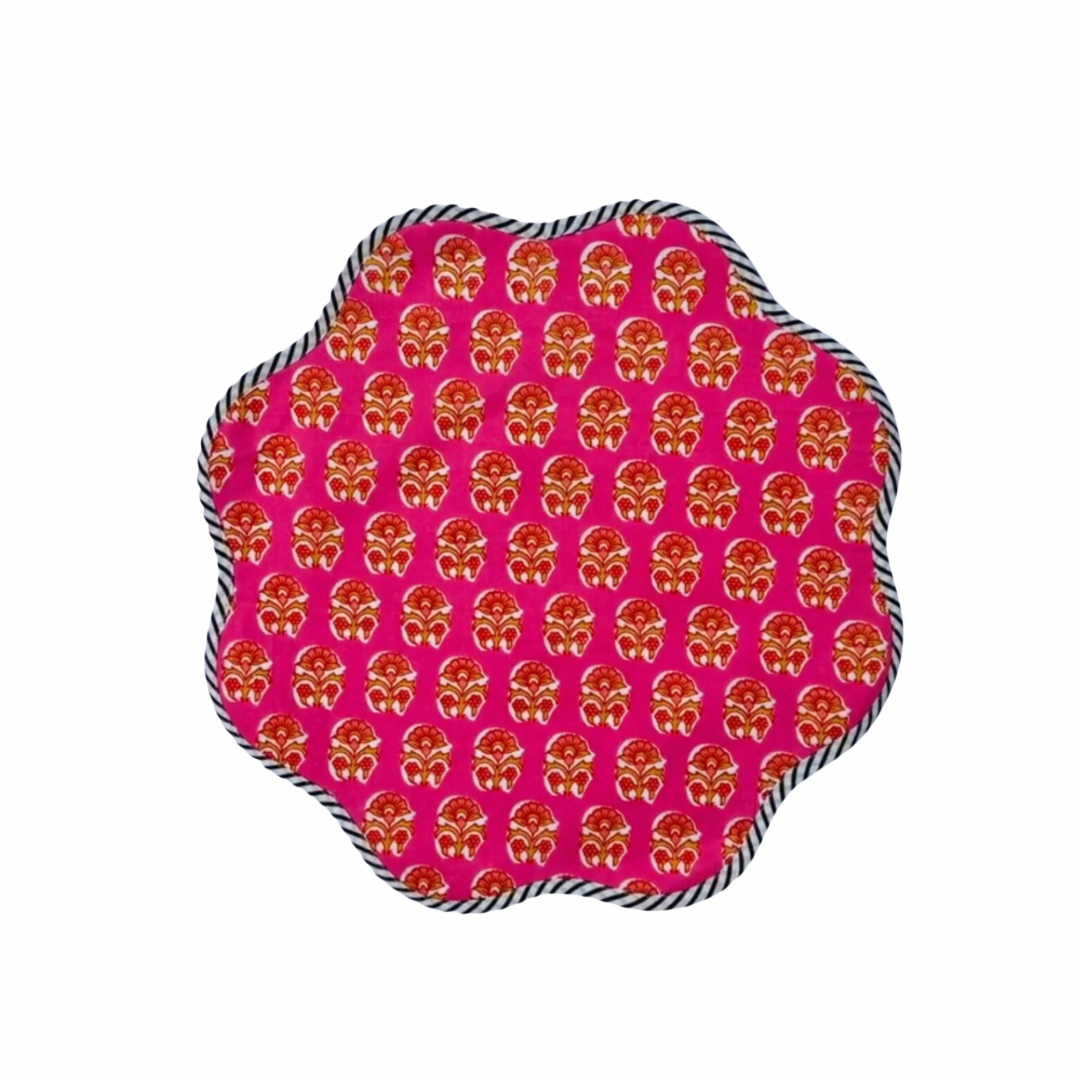 Scalloped bright pink block print placemat set with black and white piping