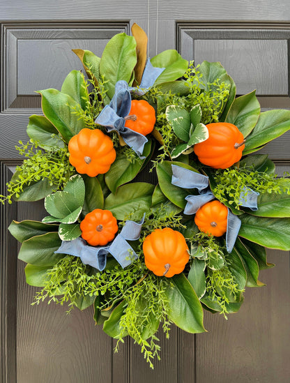 Fall orange pumpkin and magnolia wreath with optional French blue ribbons