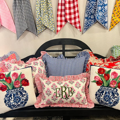 Pink and red floral block print ruffle pillow