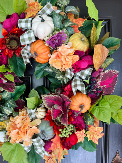 Fall floral and pumpkin wreath, bright colors with optional gingham ribbon, 3 sizes available