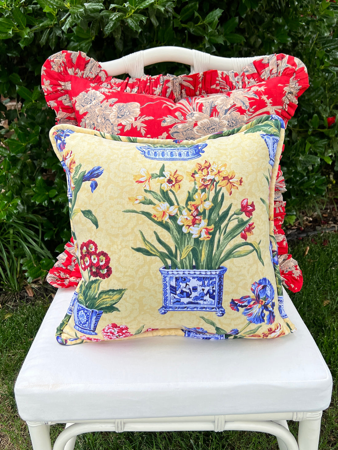 Red floral toile pillow cover with ruffle trim – Grace Harris