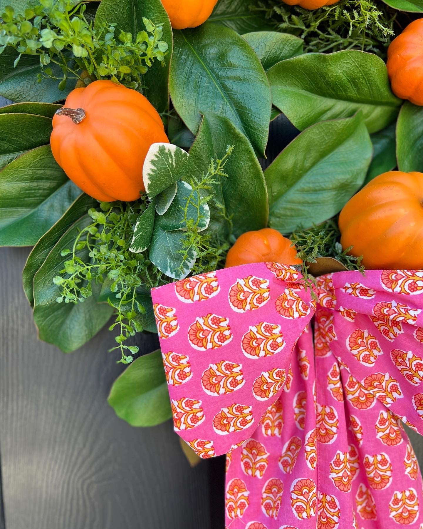 Fall orange pumpkin and magnolia wreath with optional French blue ribbons