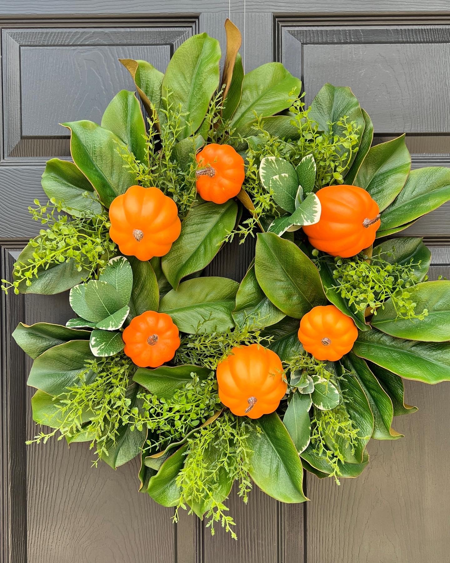 Fall orange pumpkin and magnolia wreath with optional French blue ribbons