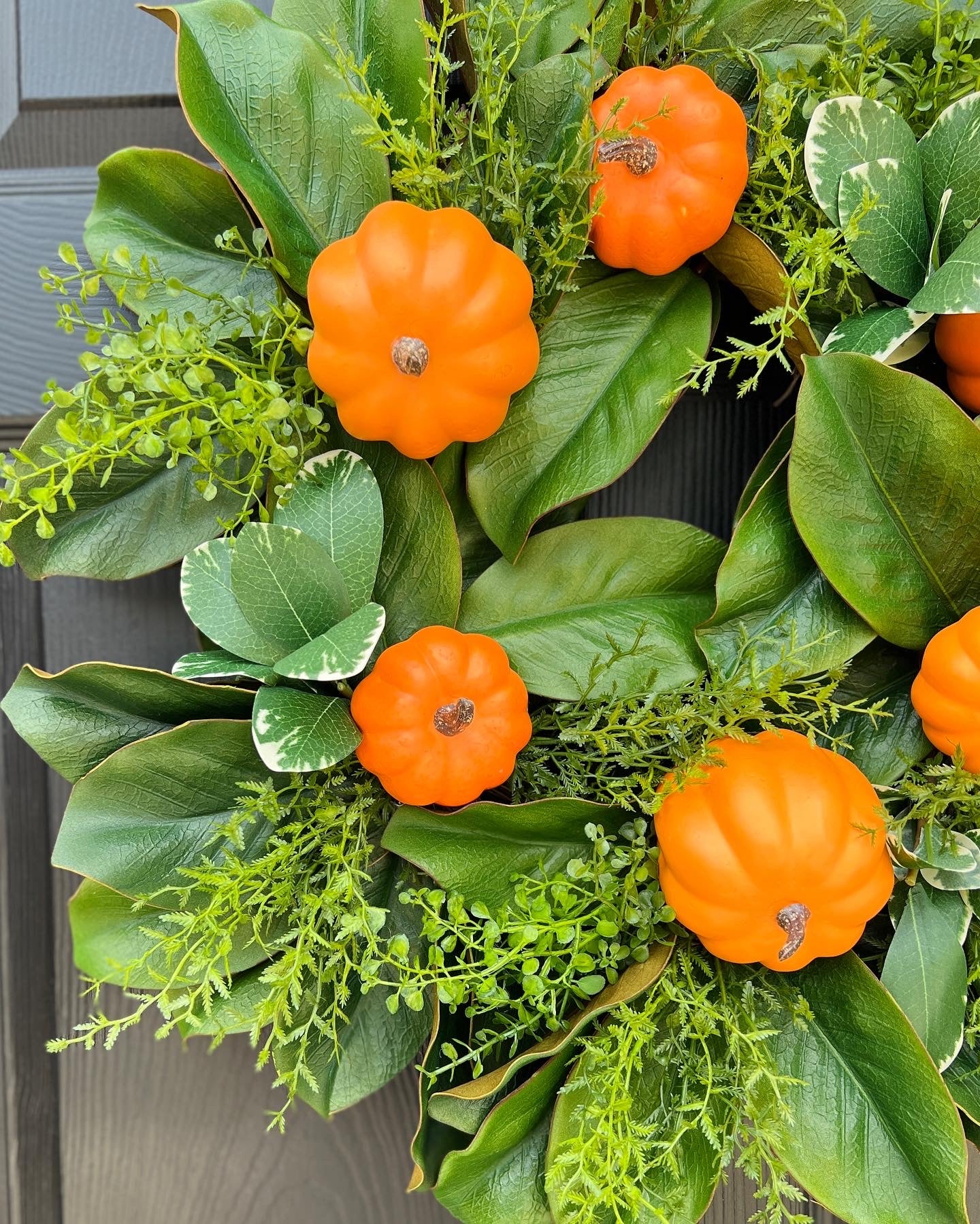 Fall orange pumpkin and magnolia wreath with optional French blue ribbons