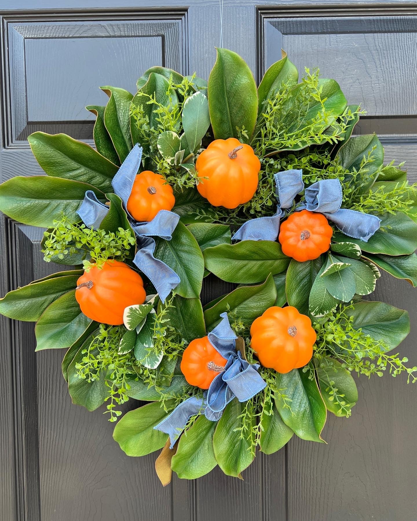 Fall orange pumpkin and magnolia wreath with optional French blue ribbons