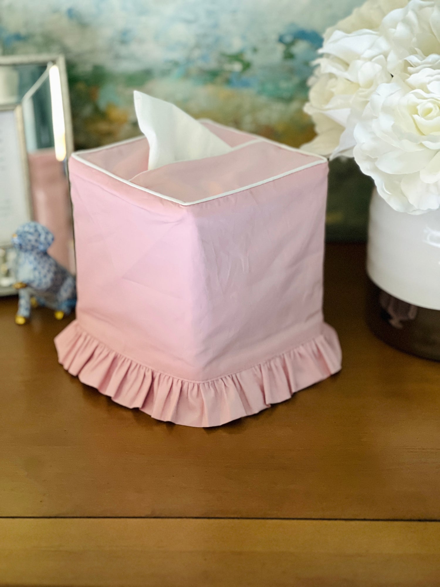 Pink cotton ruffle tissue cover, custom monogram available