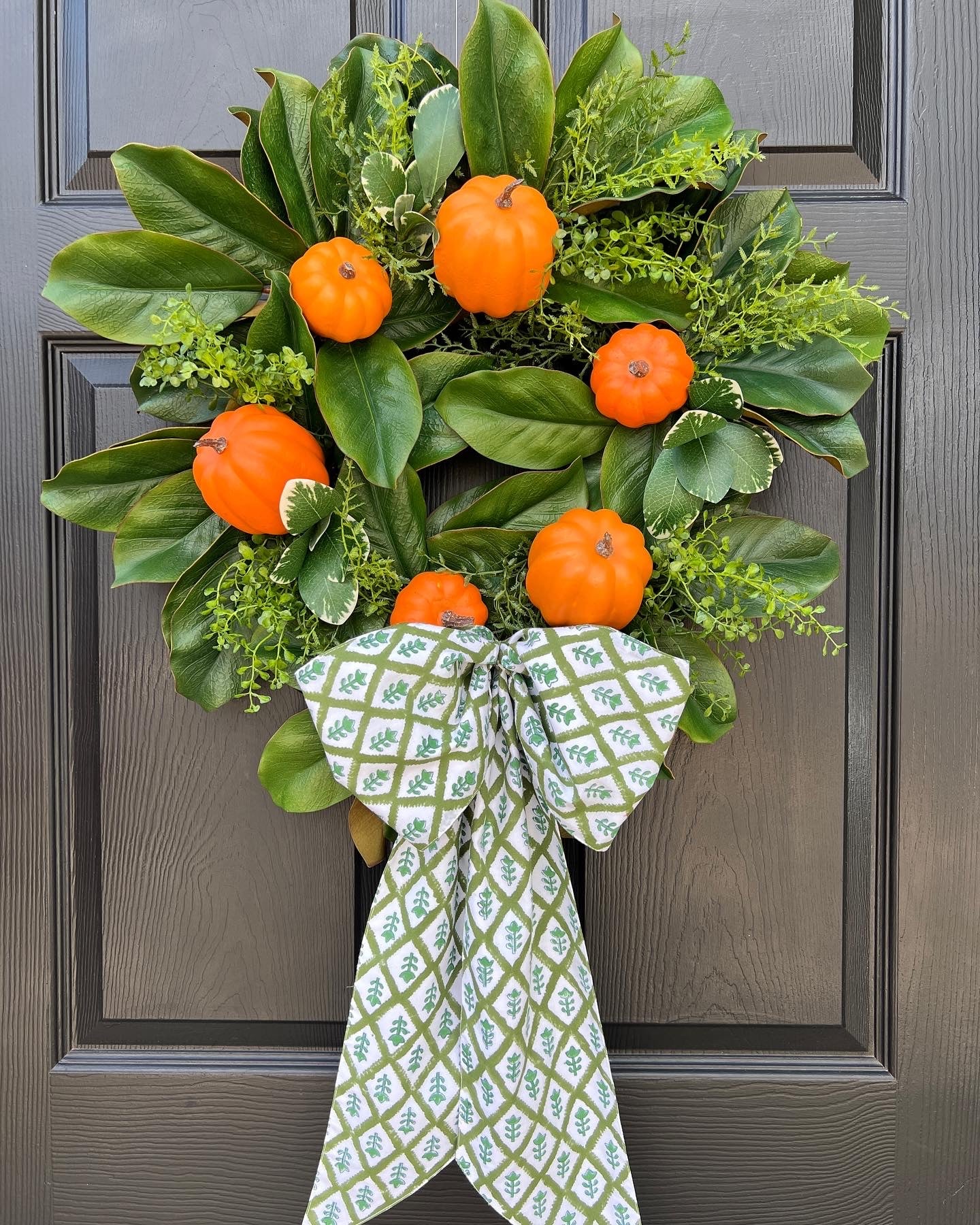 Fall orange pumpkin and magnolia wreath with optional French blue ribbons