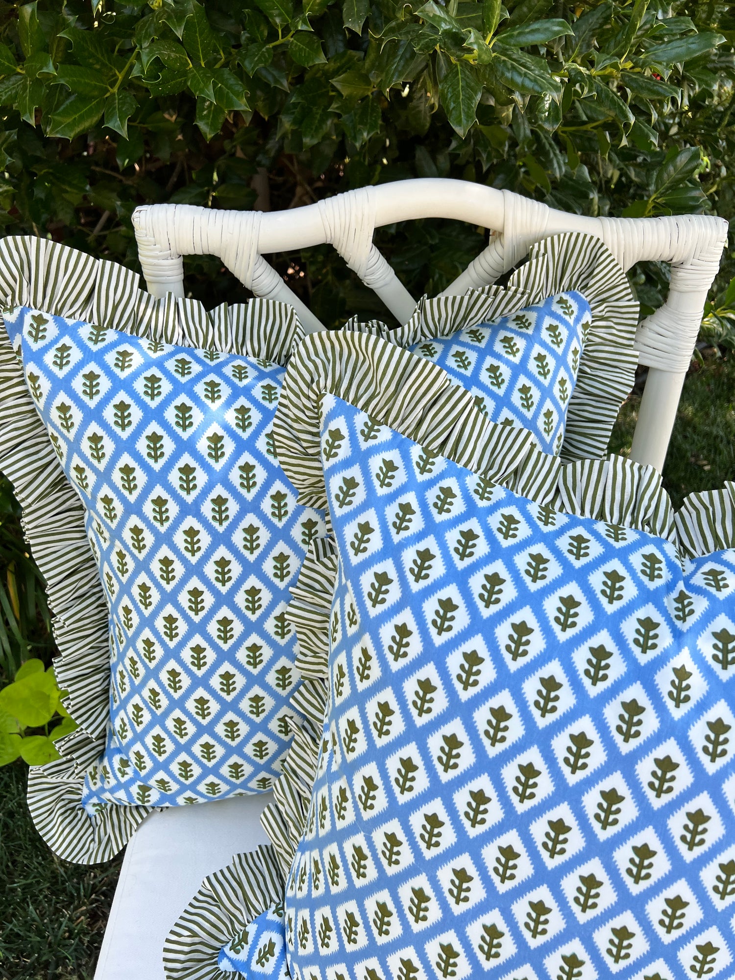 Blue block print pillow cover with ruffle trim, custom monogram available, insert not included
