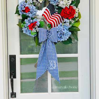 Blue and white gingham wreath bow sash custom monogram available