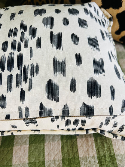 Les Touches black and cream spotted throw pillow cover with Greek key tape trim