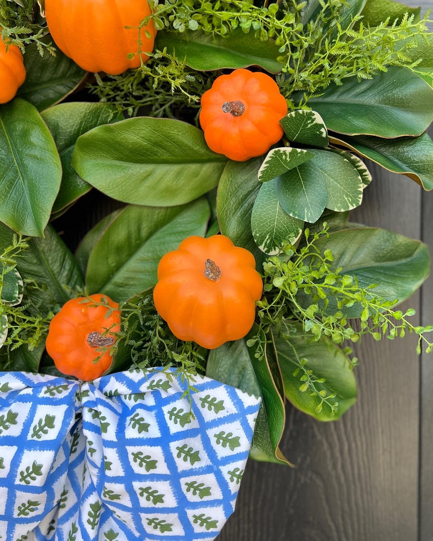 Fall orange pumpkin and magnolia wreath with optional French blue ribbons