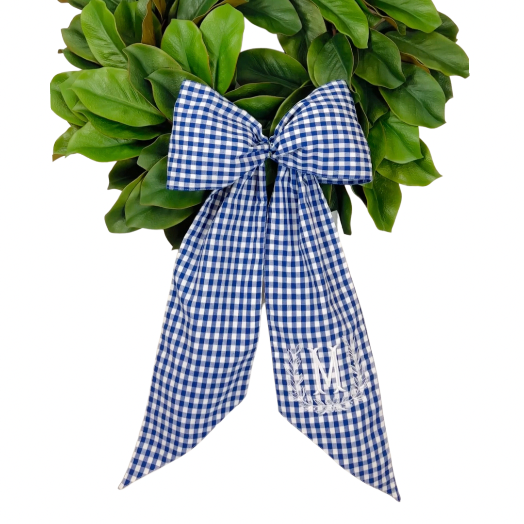 Blue and white gingham wreath bow sash custom monogram available