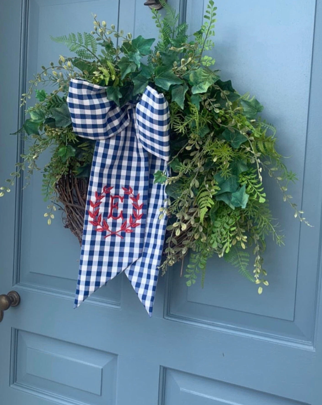 Outdoor Royal gingham check wreath sash, two sizes