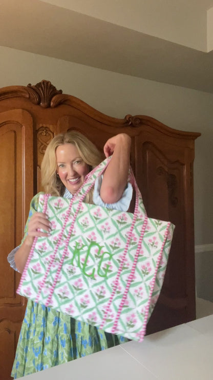 Pink and green quilted block print tote bag monogram available