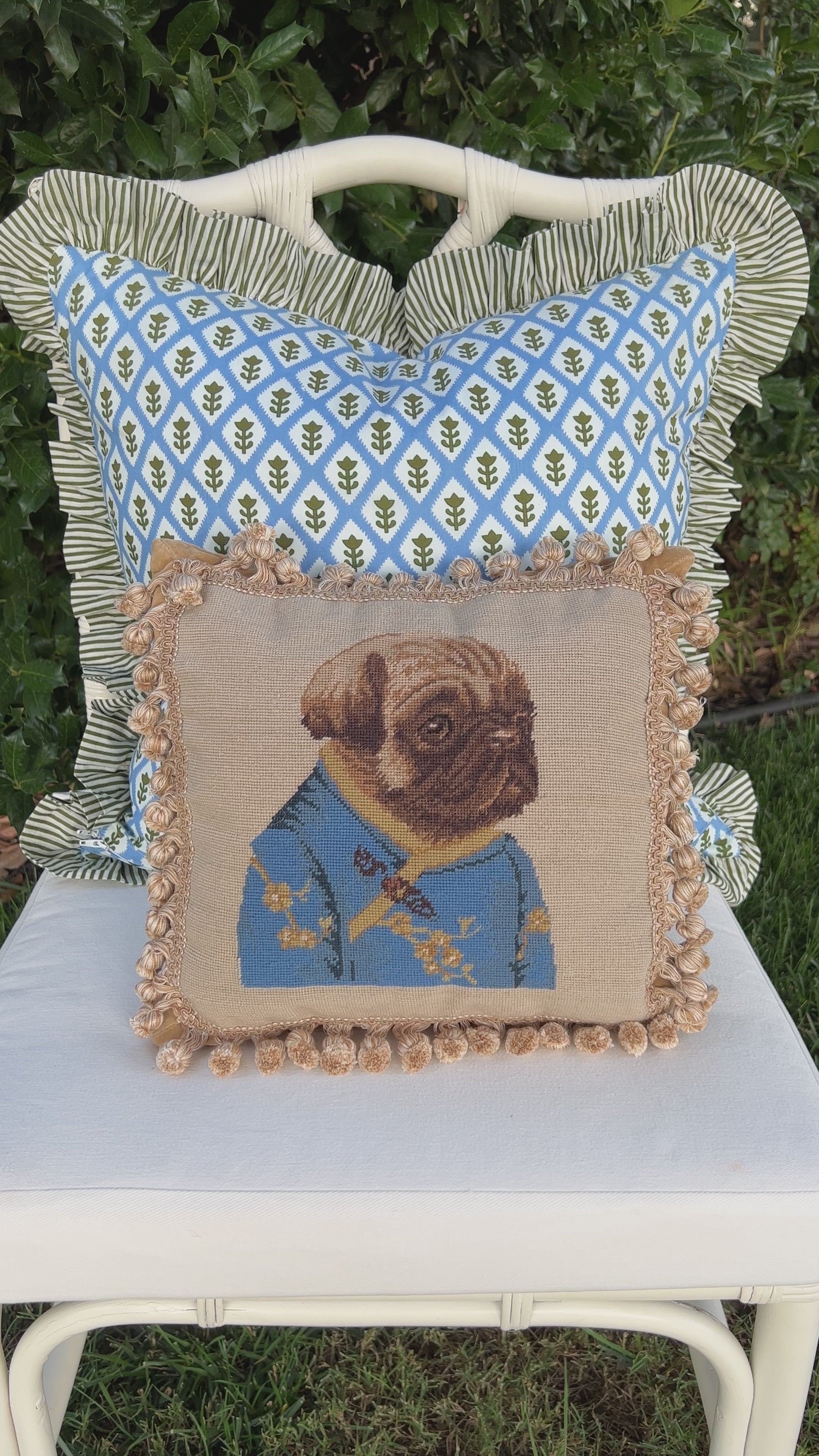 Needlepoint pug girl throw pillow Grace Harris Collection