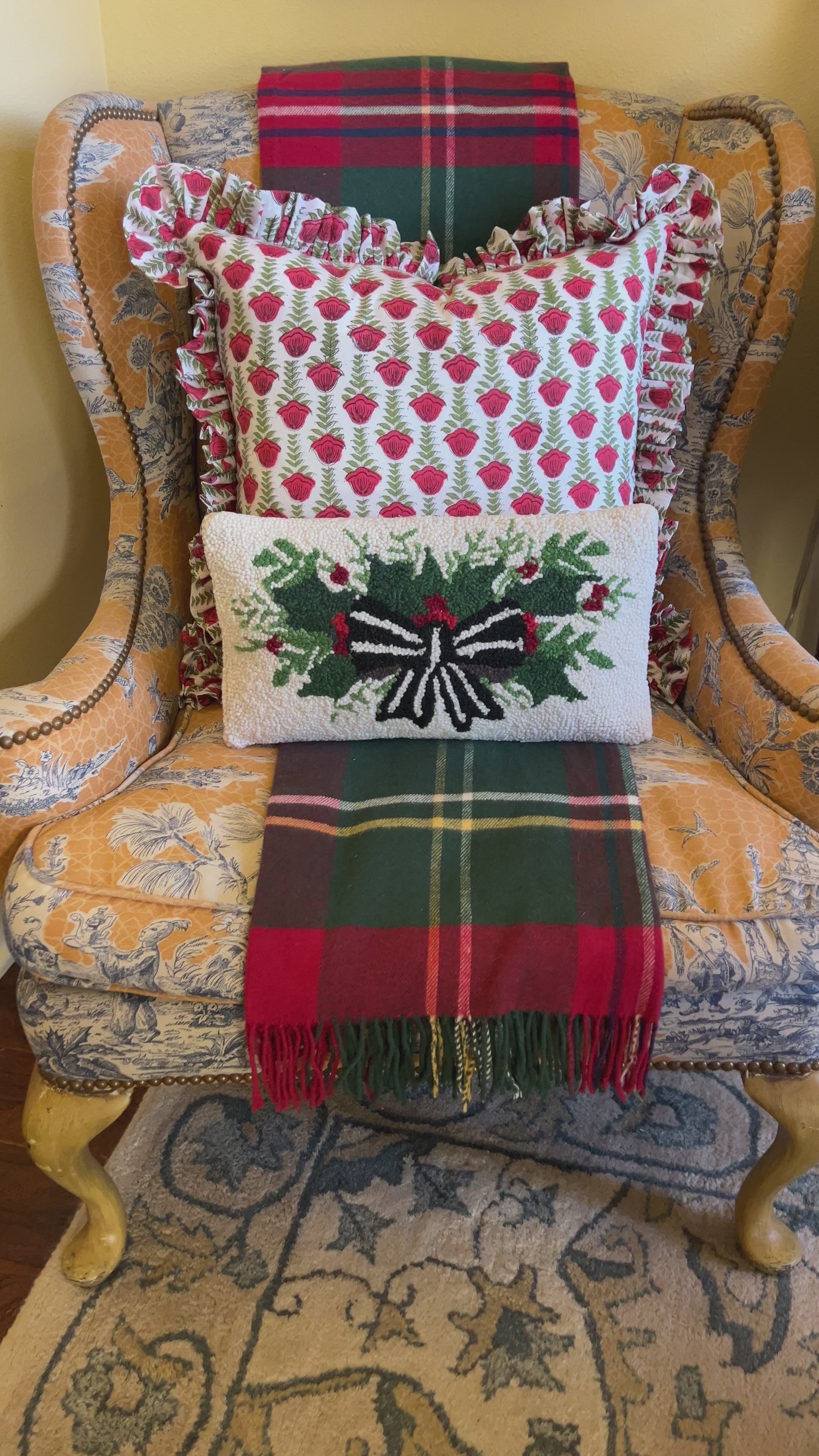 Striped bow and red berries hand hooked lumbar pillow