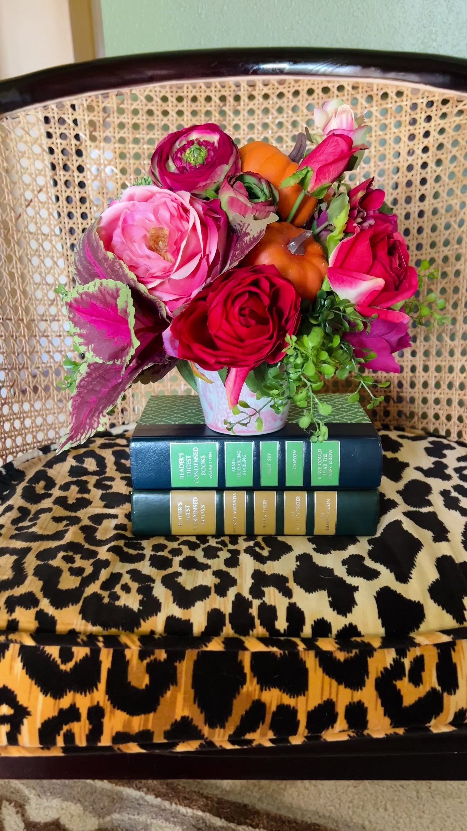 Petite faux floral pumpkin arrangement, fall colors in pink and white chinoiserie pot