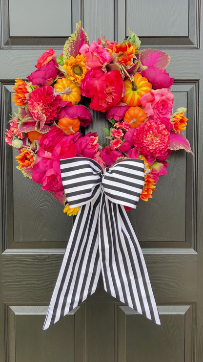 Pink and orange pumpkin Fall floral wreath