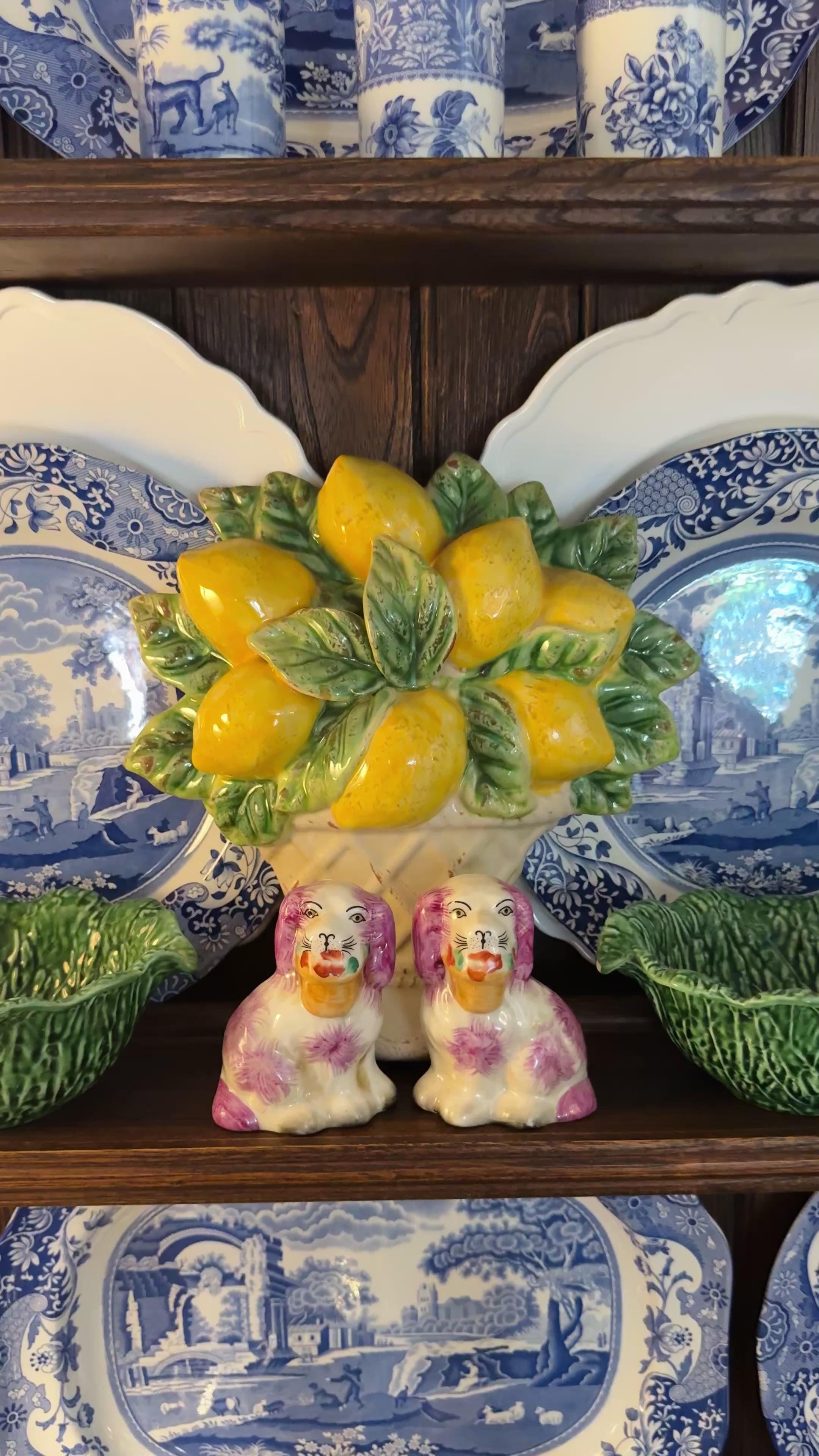 Mini pink porcelain Staffordshire dogs with flower baskets figurine pair