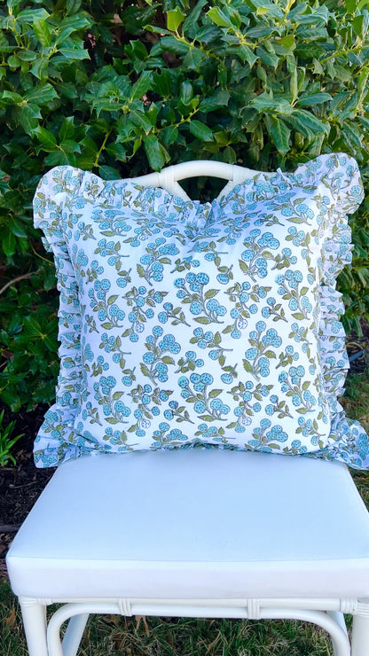 Light blue and green berry block print ruffle pillow cover