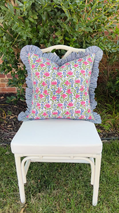 Blue, pink, and green floral pillow cover