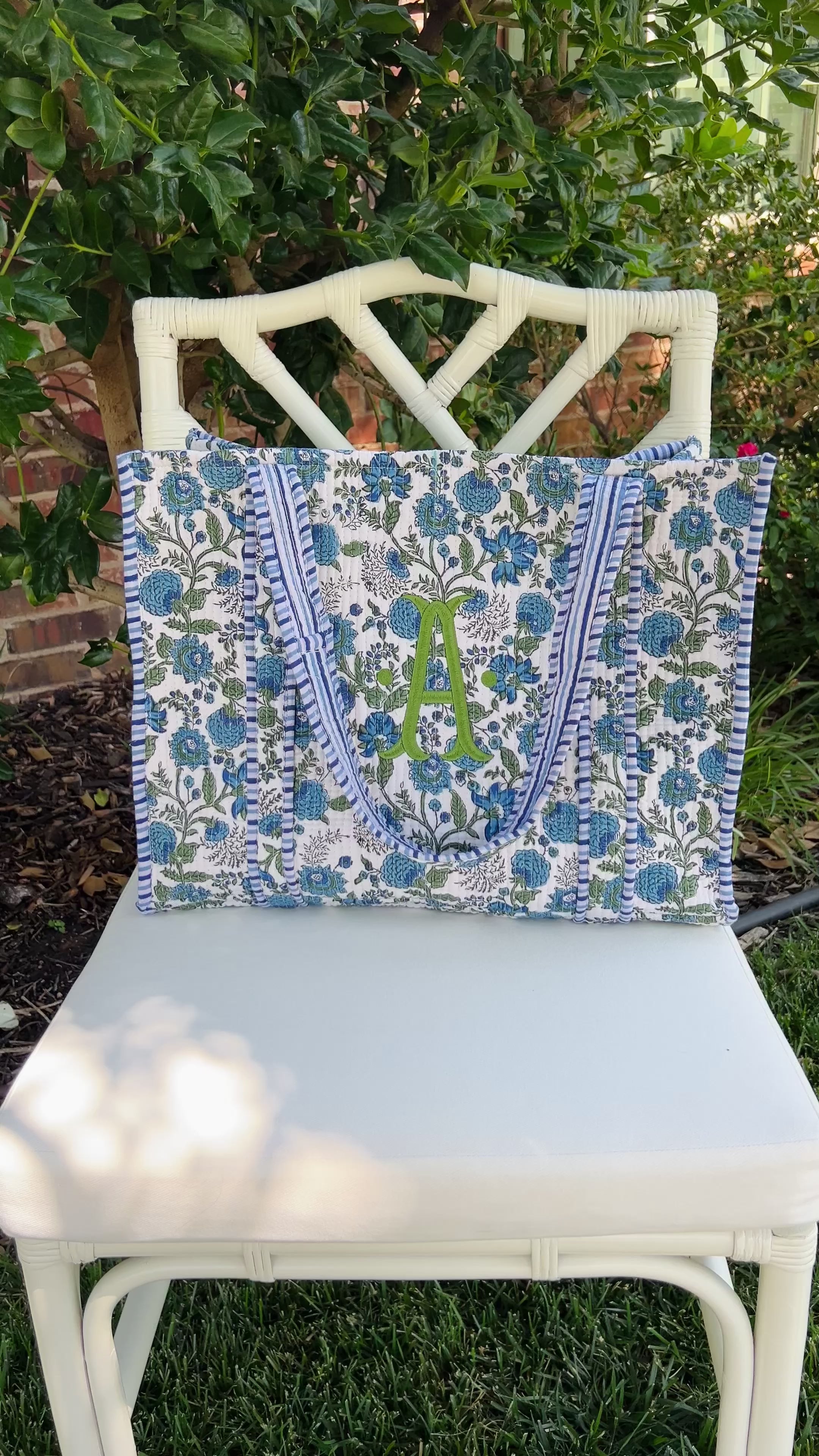 Blue and green block print tote bag monogram available