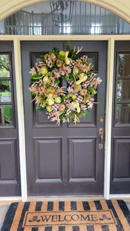 Pumpkin, gourd, and antler Fall wreath