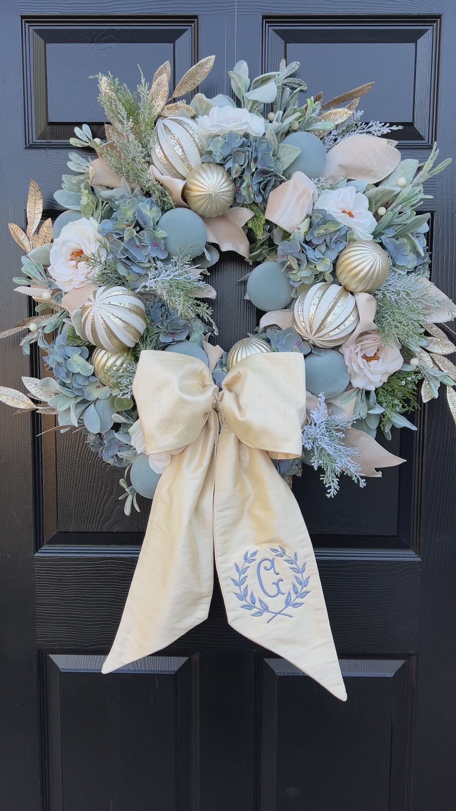 Luxe blue and cream Christmas wreath with optional Alabaster silk monogrammed wreath sash