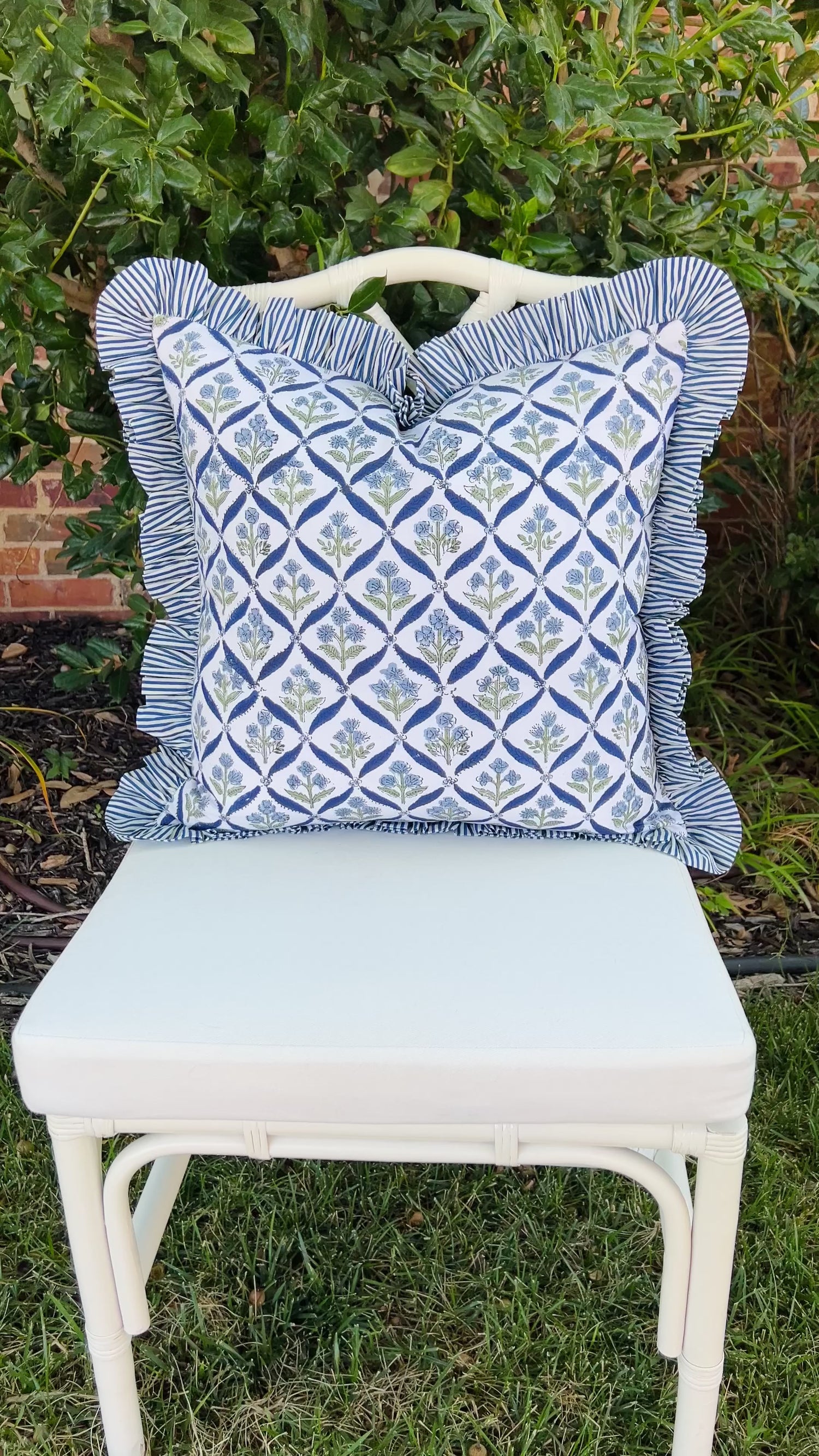 Blue and green floral trellis pillow cover, monogram available