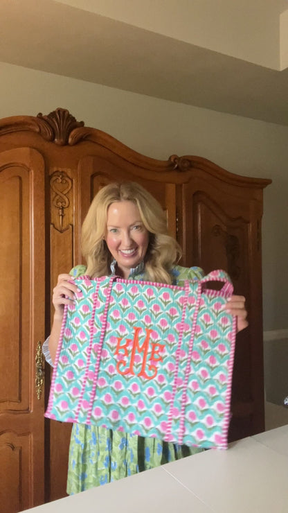 Blue and pink quilted block print tote bag monogram available