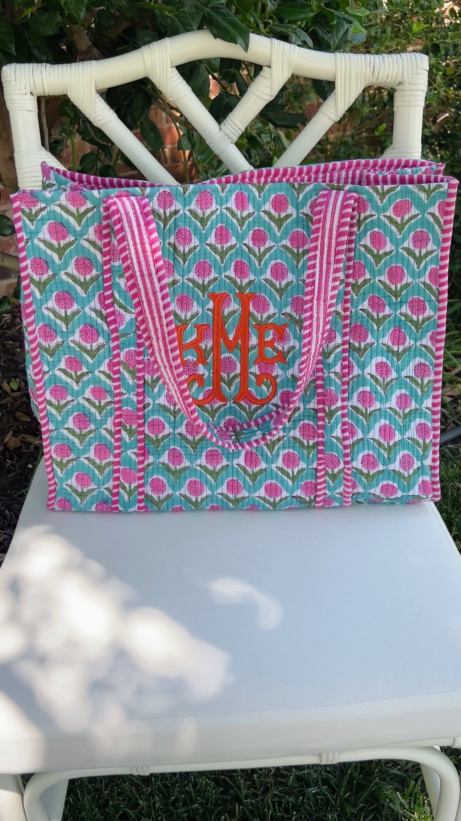 Blue and pink quilted block print tote bag monogram available