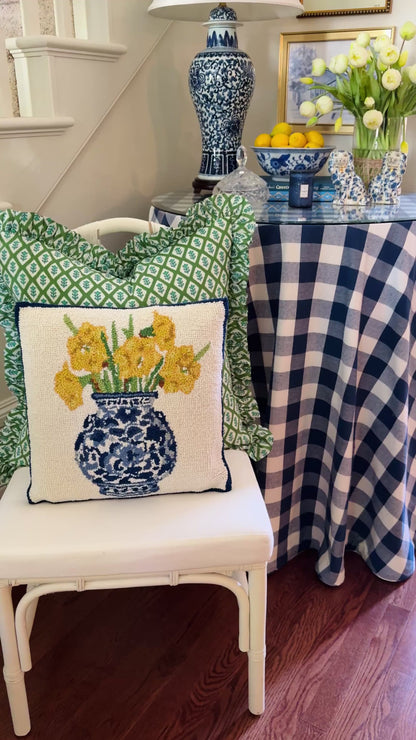 Hand hooked wool yellow daffodils and chinoiserie pillow