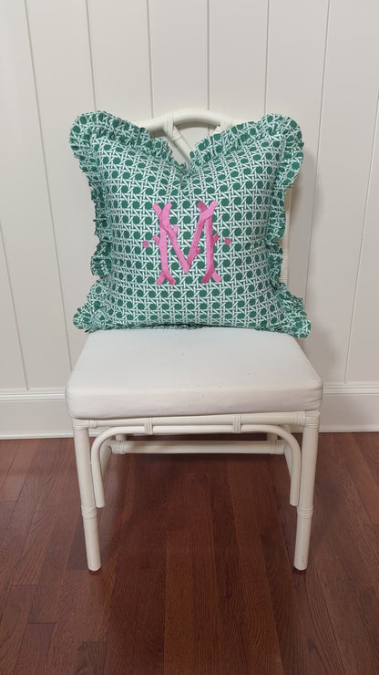 Emerald green cane trellis block print pillow cover, monogram available