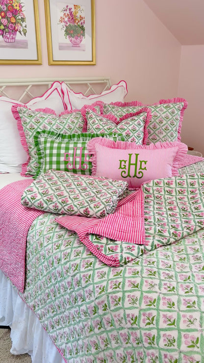 Hot pink and green floral trellis block print bedding collection