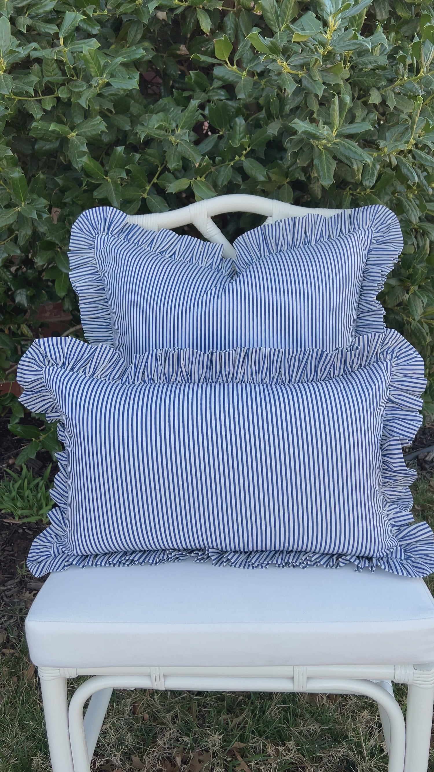 Blue striped ruffle pillow cover, two sizes