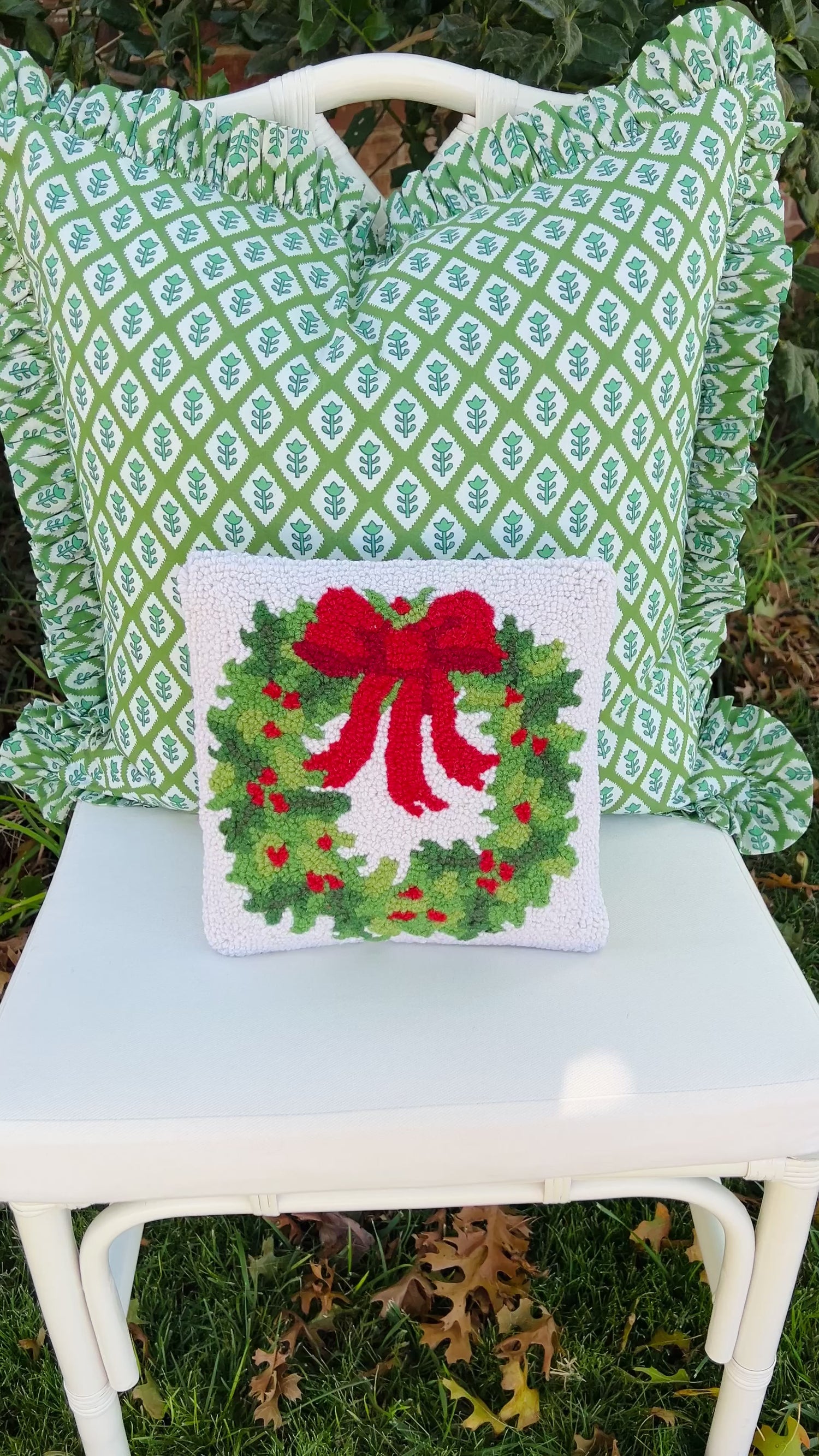 Little holiday wreath hand hooked pillow