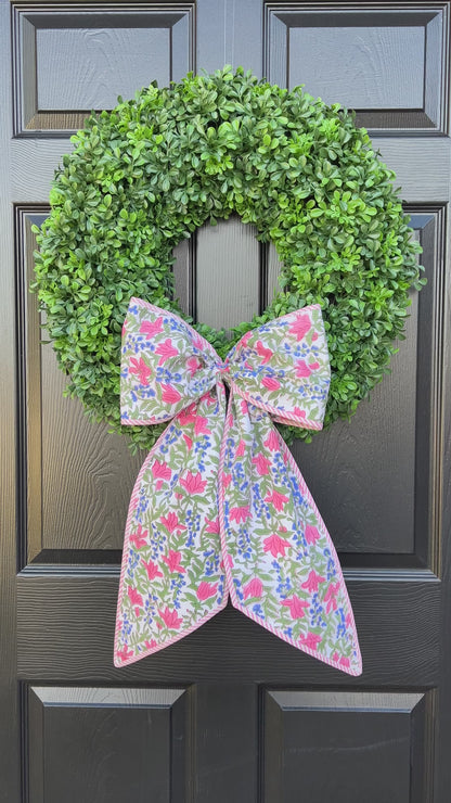 Spring floral wreath sash bow with pink striped piping, monogram available