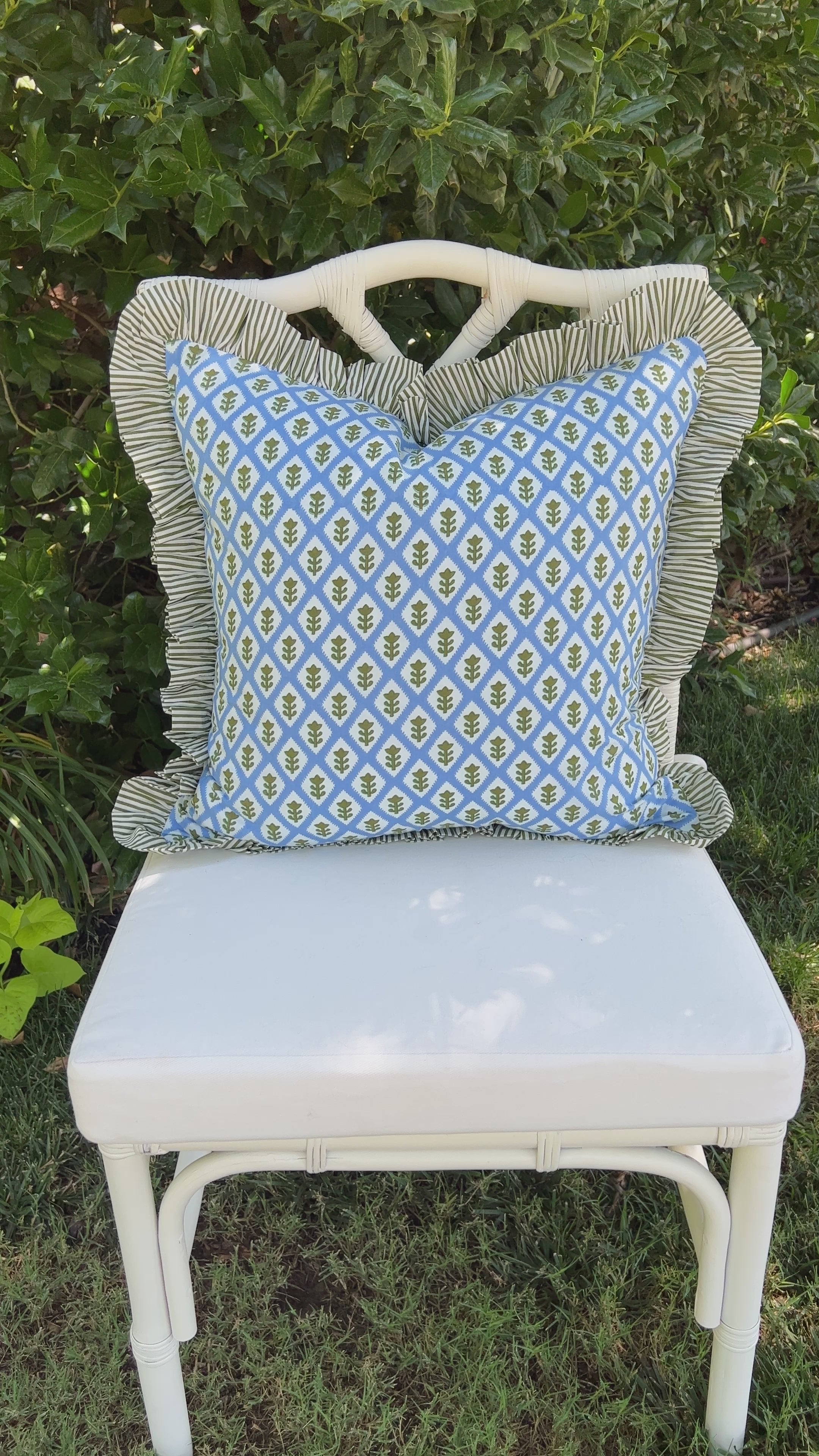 Blue block print pillow cover with ruffle trim, custom monogram available, insert not included