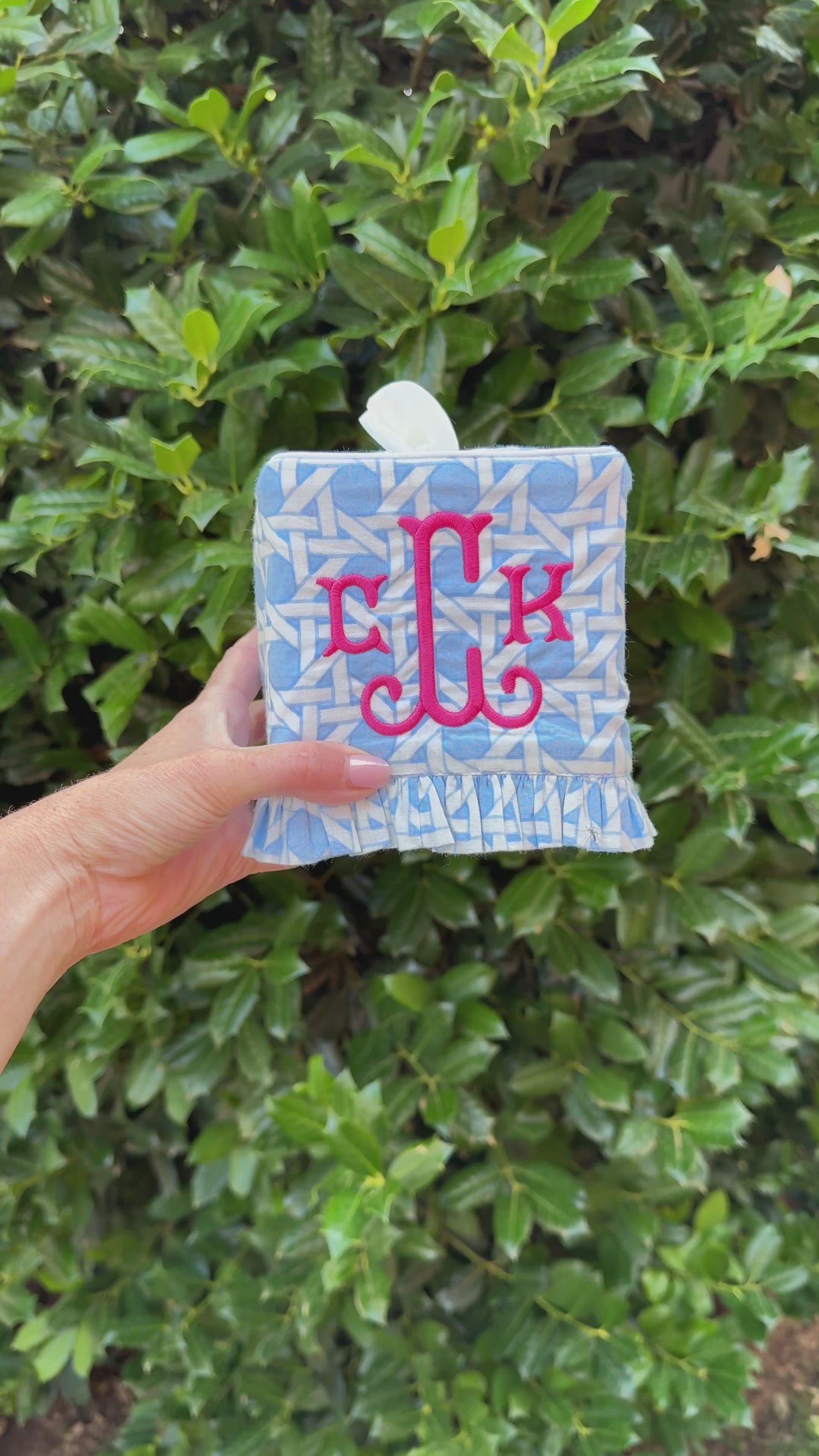 Light blue cane trellis block printed ruffle tissue cover, custom monogram available