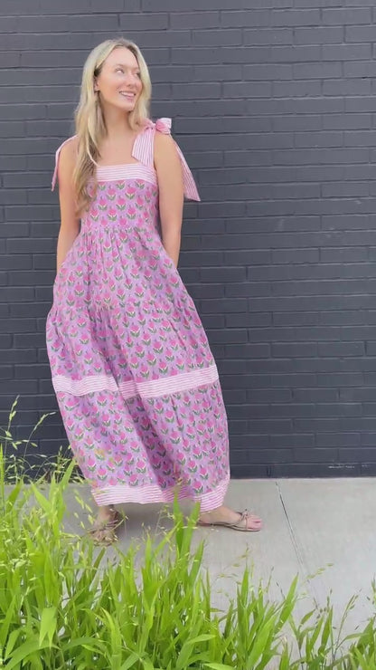 Maisie Maxi Dress in Pink Posey block print