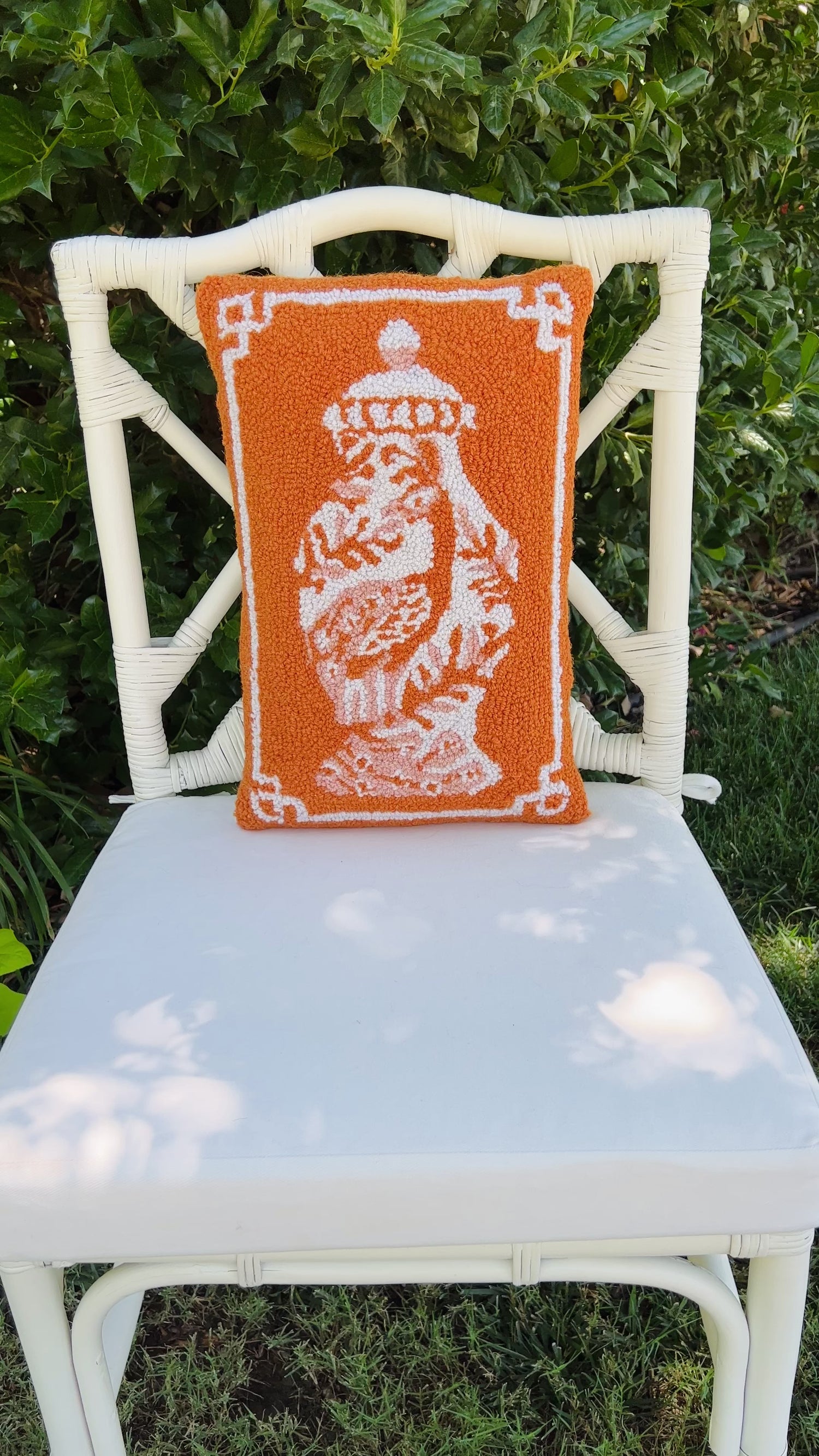 Orange chinoiserie ginger jar hooked pillow