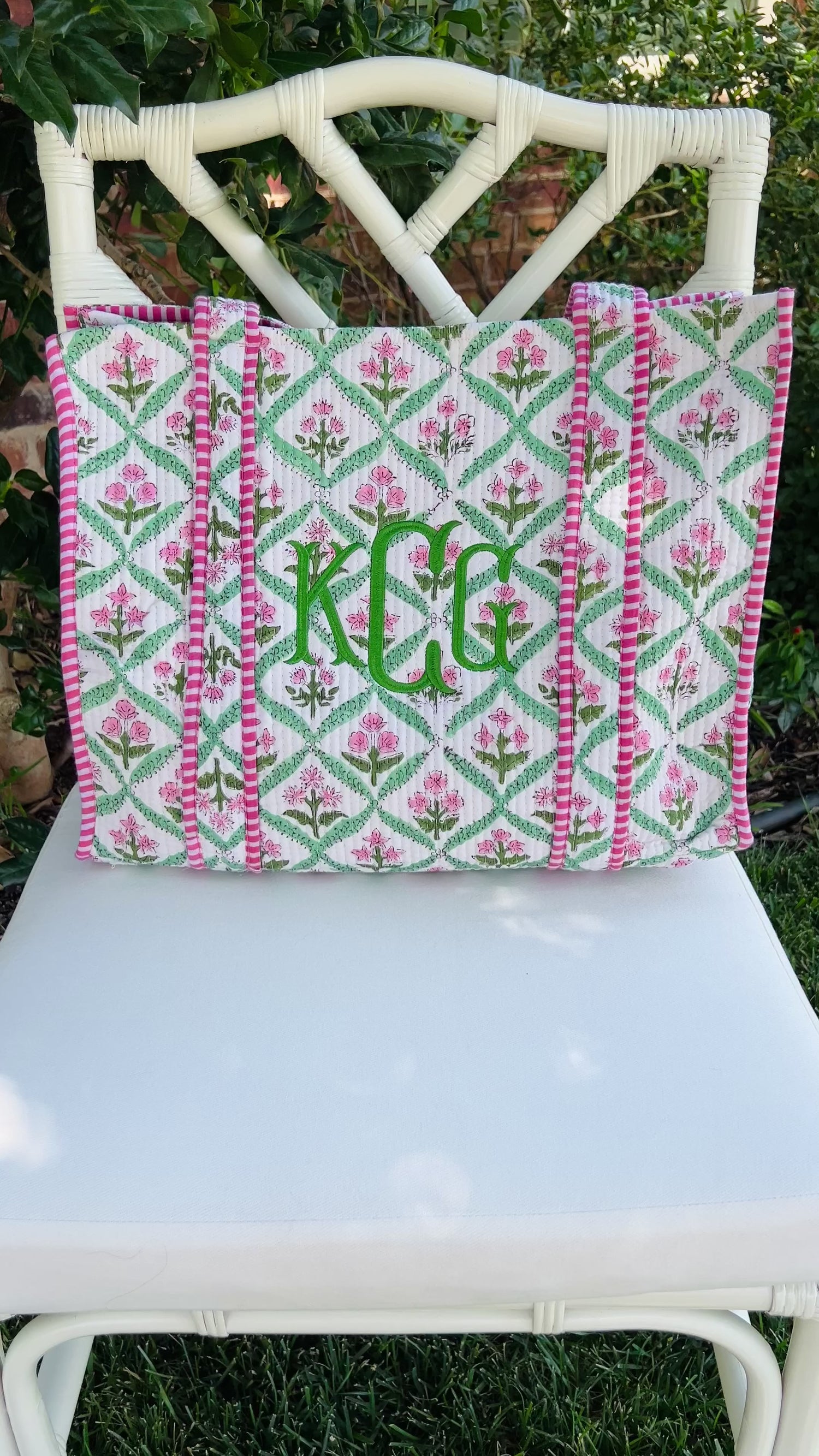 Pink and green quilted block print tote bag monogram available